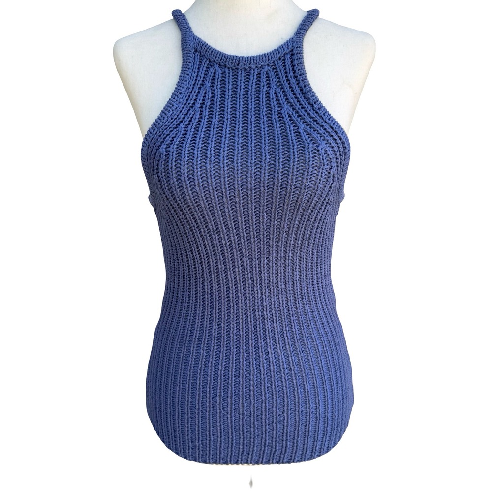 BCBG Nordstrom Y2K Blue Ribbed Chunky Knit Halter Sweater Tank Womens L Coastal
